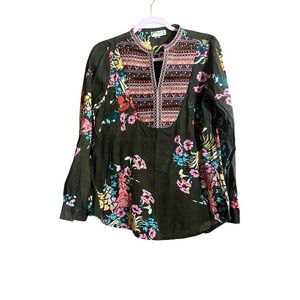 Magazine Womens Floral Embroidered Bib Tunic Blouse Olive Green Long Sleeve M